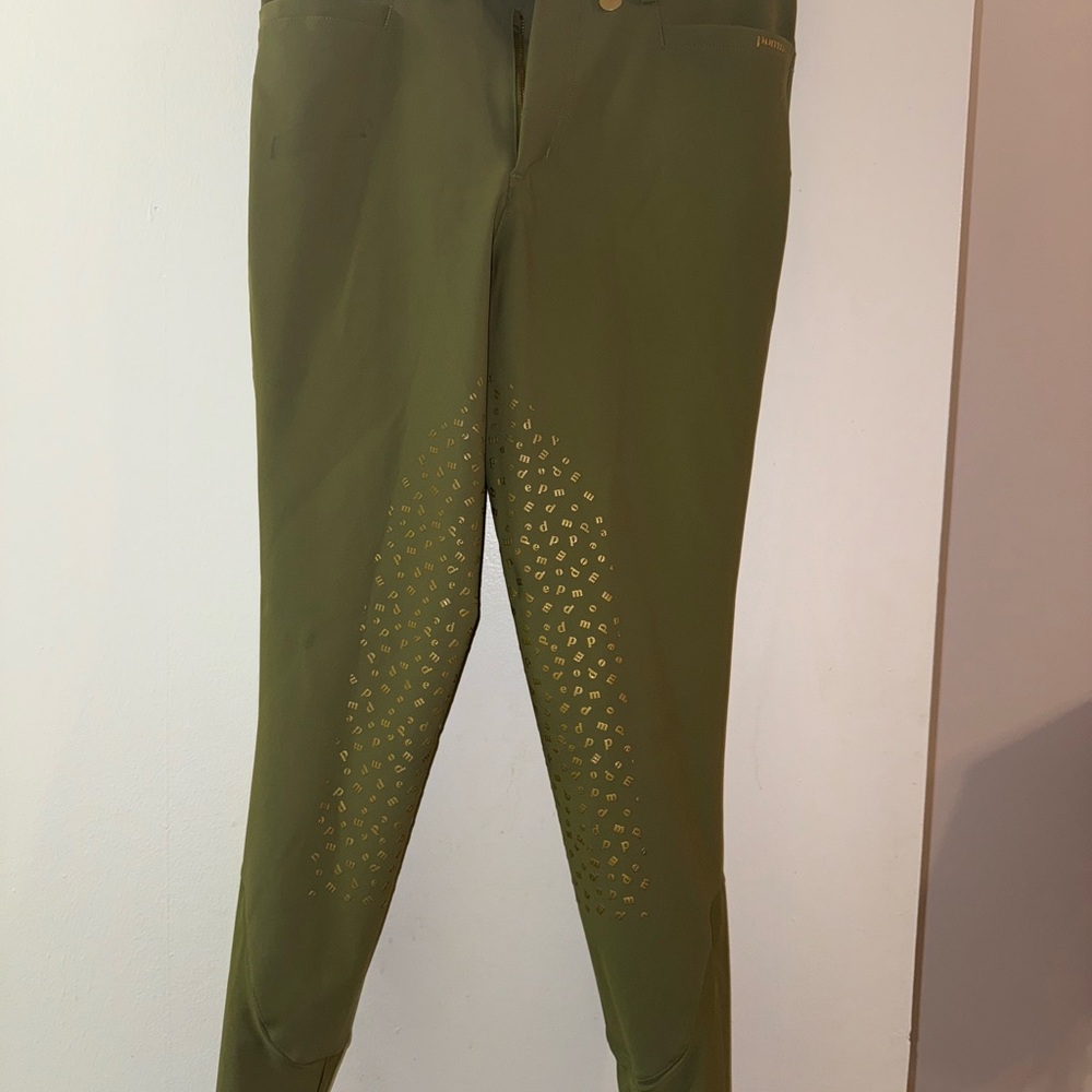 Pomme Breeches Bling Olive Green Riding Pants with Gold Accents
